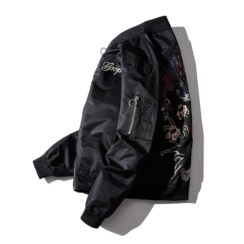 Embroidery Dragon Tiger Mens Bomber Jacket