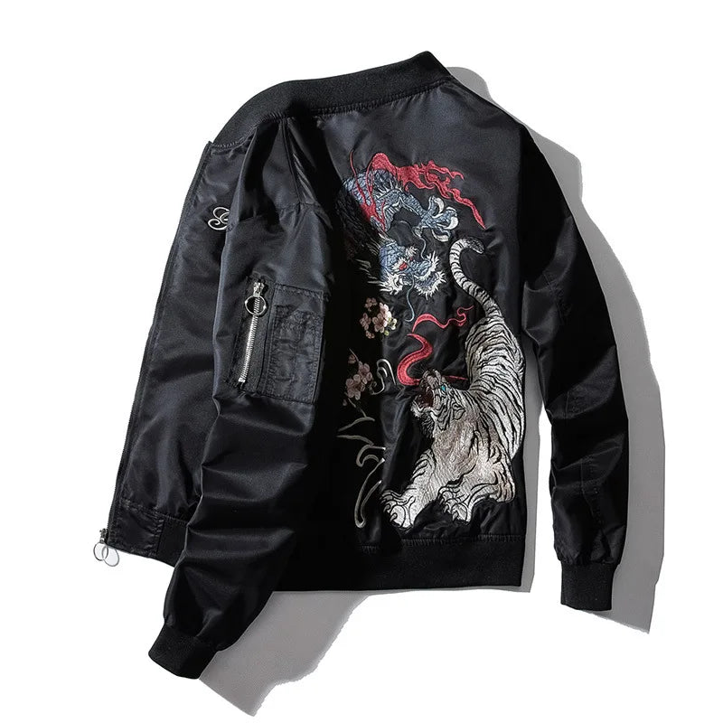 Embroidery Dragon Tiger Mens Bomber Jacket