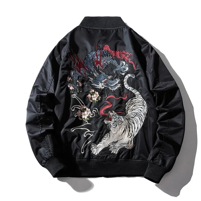 Embroidery Dragon Tiger Mens Bomber Jacket