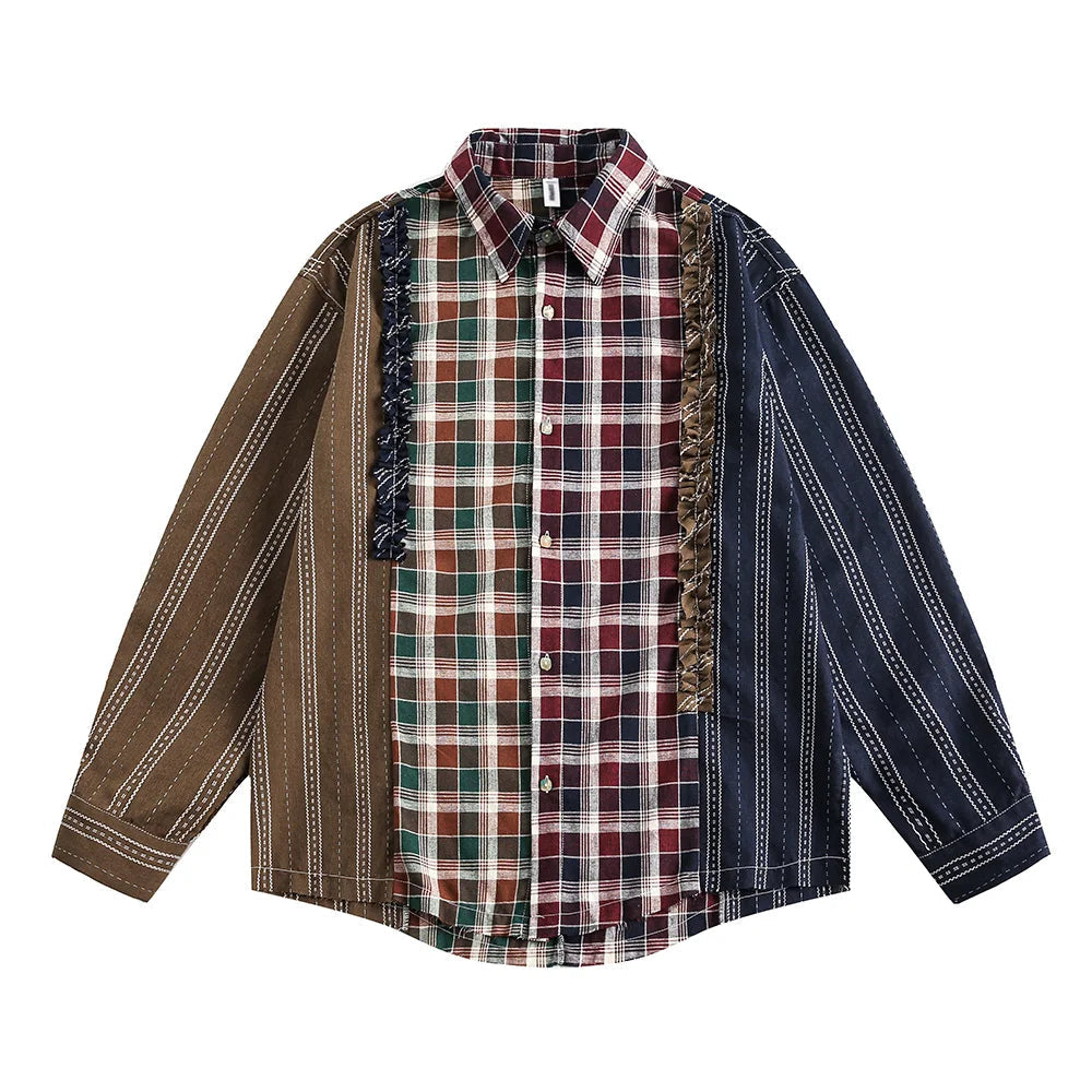 Retro Patchwork Plaid Long Sleeve Shirts Mens