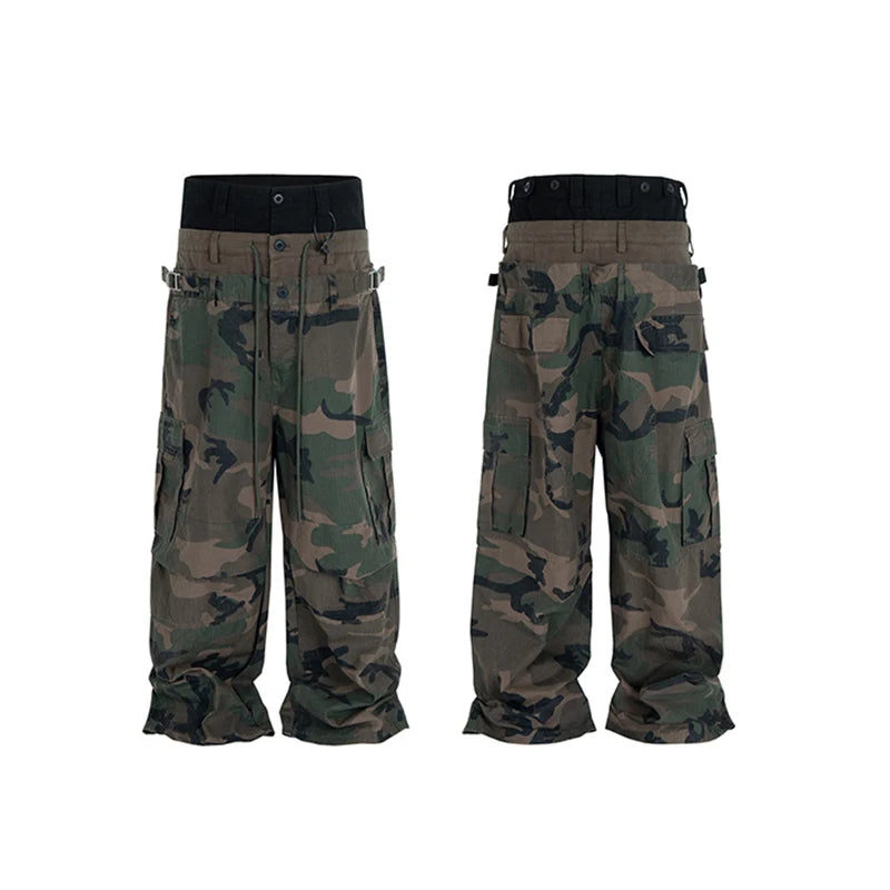 Double-layer Double Waist Patchwork Baggy Jeans