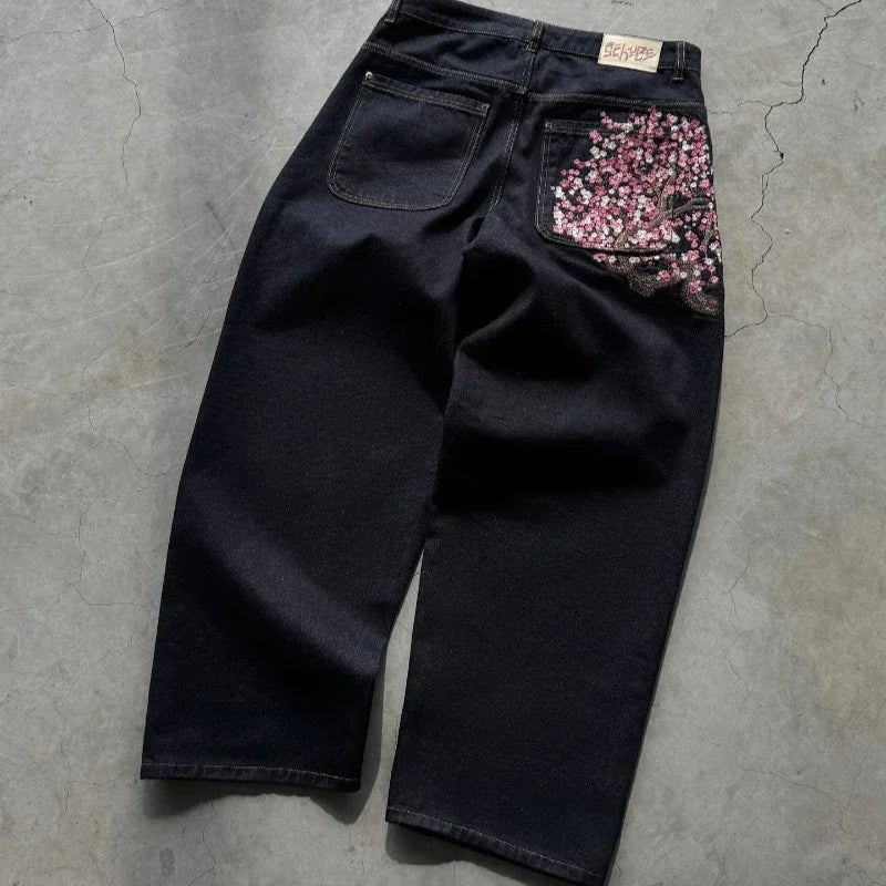 Baggy Jeans Plum Blossom Embroidery Y2K
