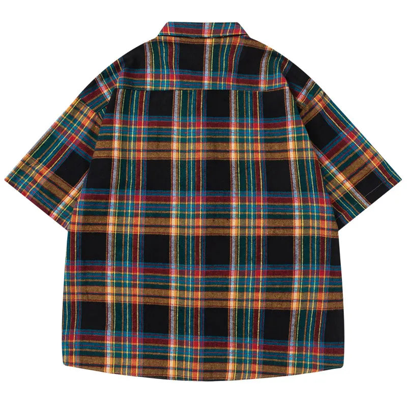 Rainbow Plaid Button Baggy Cotton Shirt