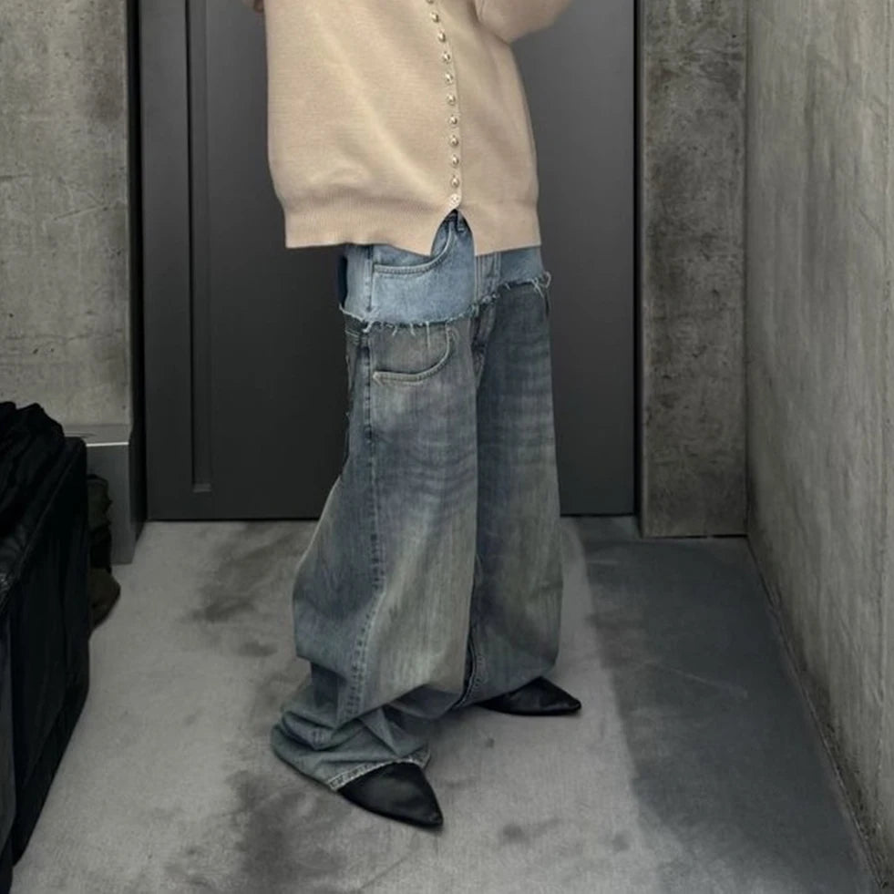 Double-layer Double Waist Patchwork Baggy Jeans