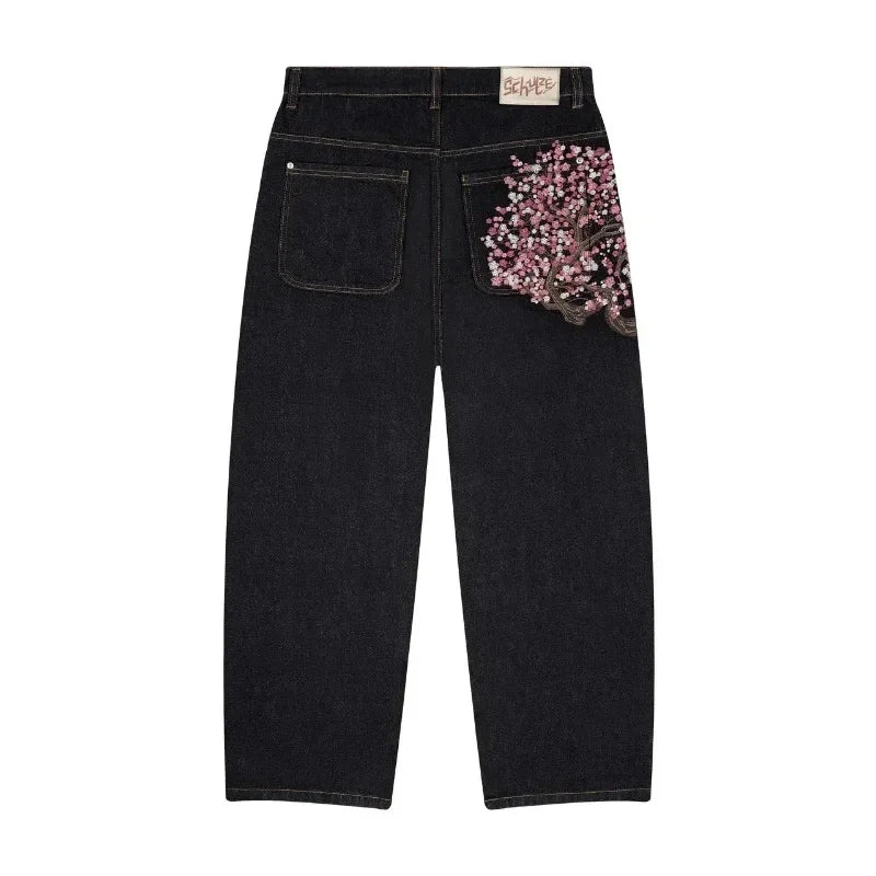 Baggy Jeans Plum Blossom Embroidery Y2K