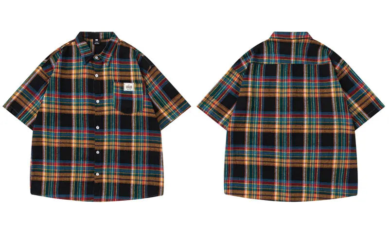 Rainbow Plaid Button Baggy Cotton Shirt