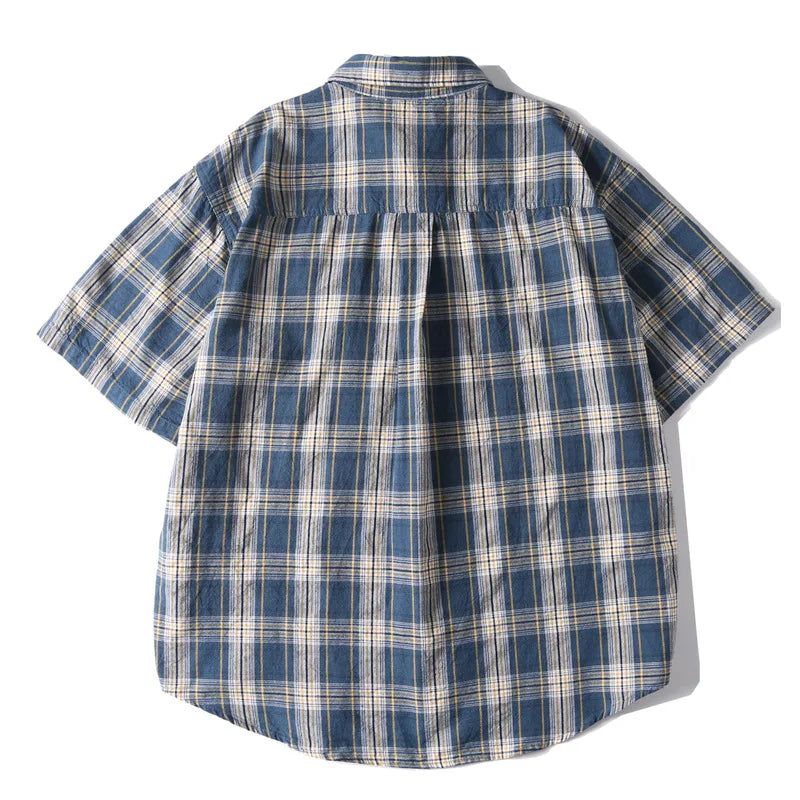 Literary Artistic Washed Plaid Short Sleeve Shirts