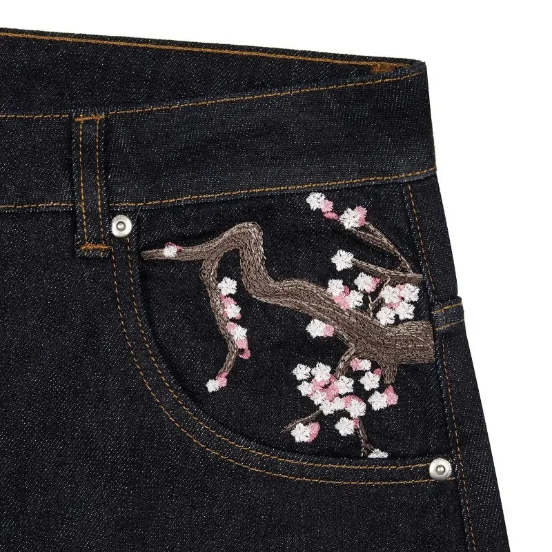 Baggy Jeans Plum Blossom Embroidery Y2K