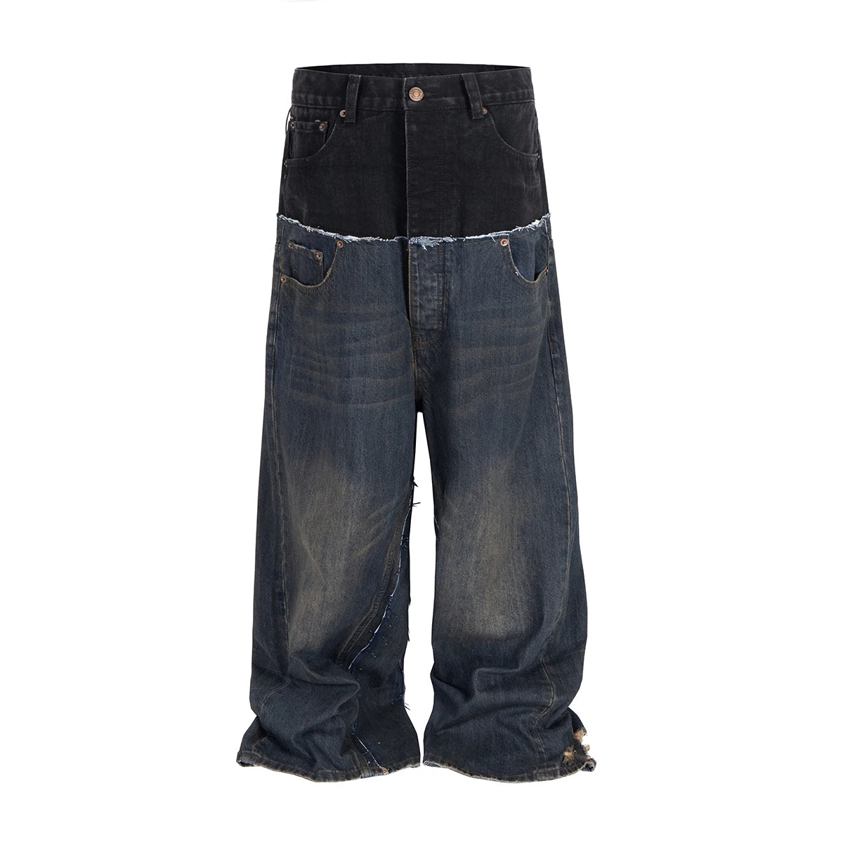 Double-layer Double Waist Patchwork Baggy Jeans