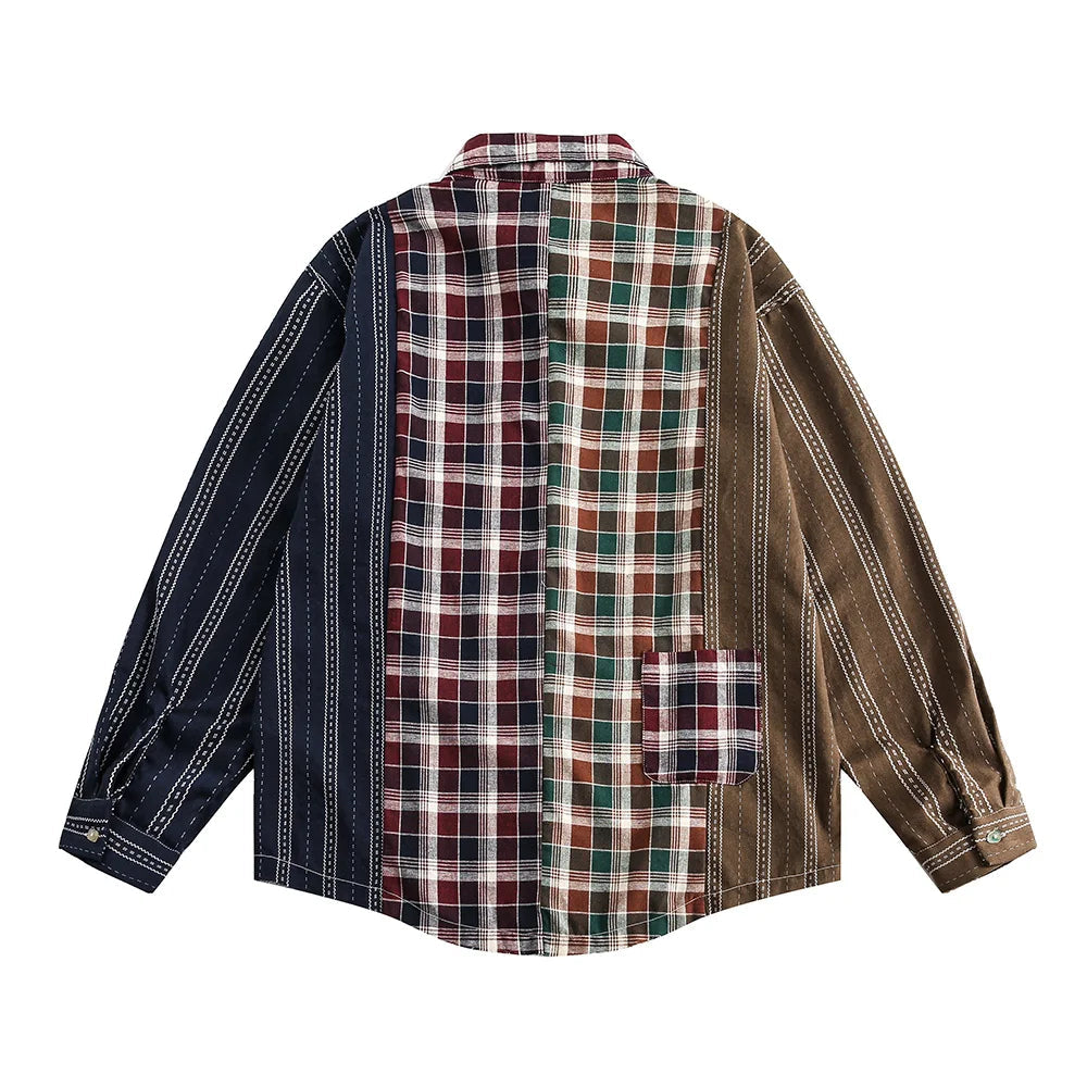 Retro Patchwork Plaid Long Sleeve Shirts Mens