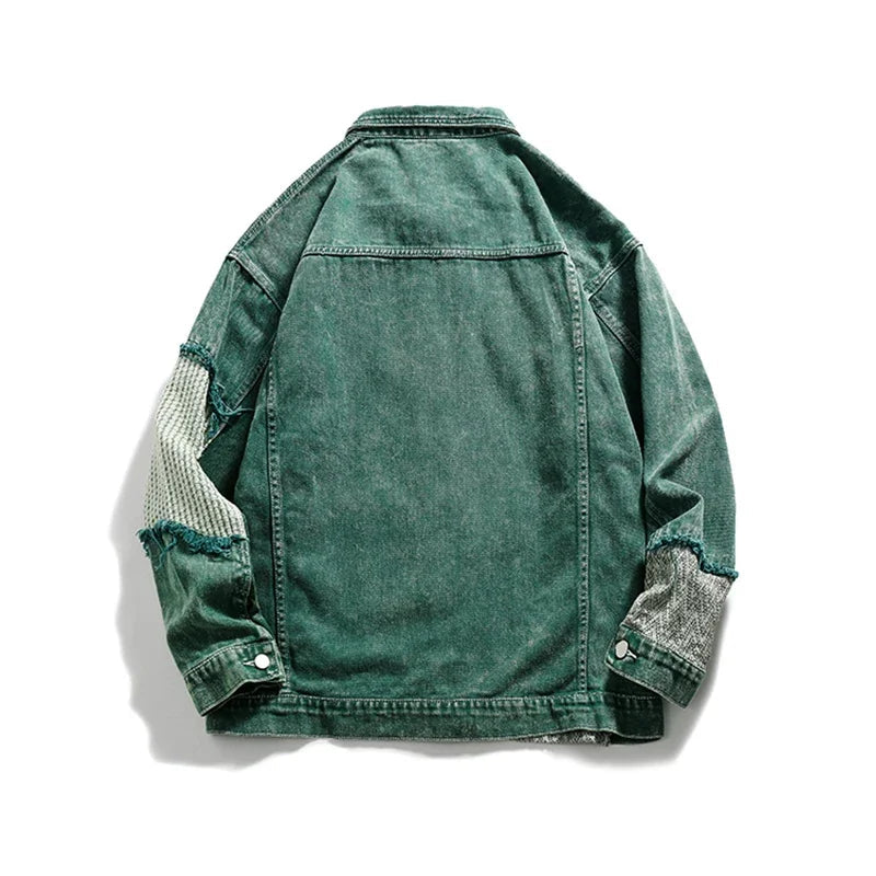 Green Patchwork Men Women Unisex Denim Jean Jacket
