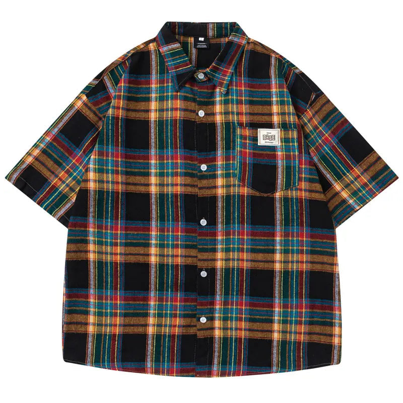 Rainbow Plaid Button Baggy Cotton Shirt