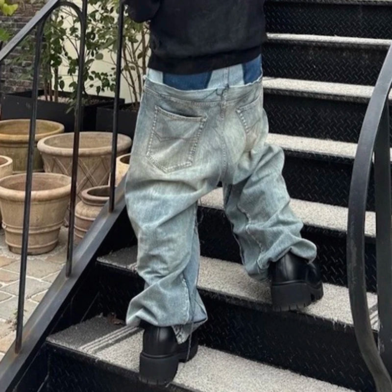 Double-layer Double Waist Patchwork Baggy Jeans
