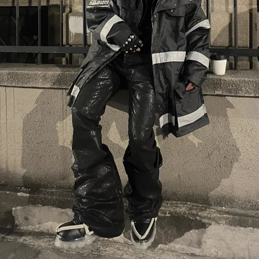 Streetwear Black Wax Leather Strecth Jeans