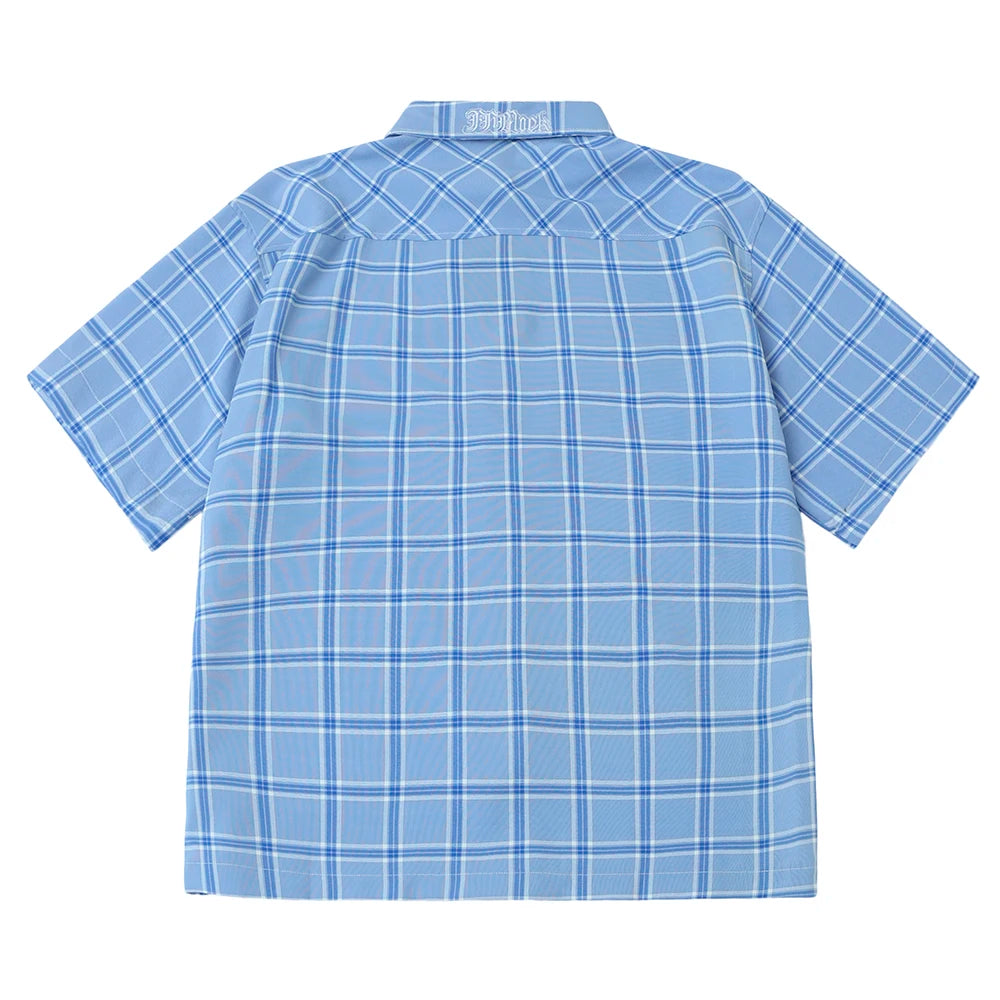 Summer Letter Eembroidery Short Sleeve Plaid Shirt