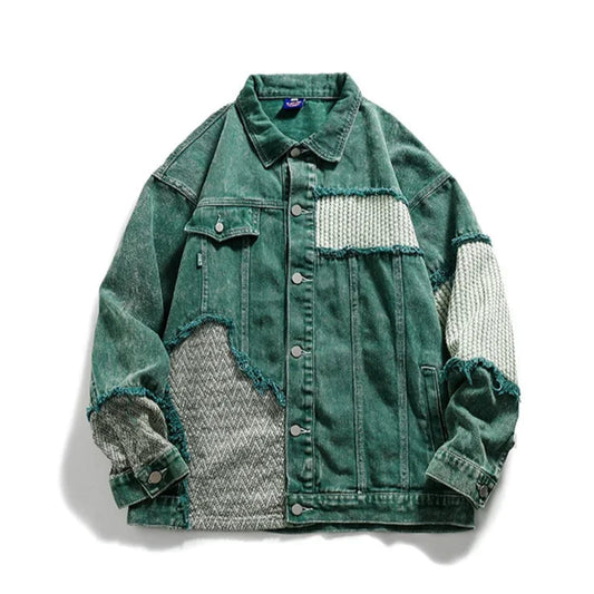 Green Patchwork Men Women Unisex Denim Jean Jacket