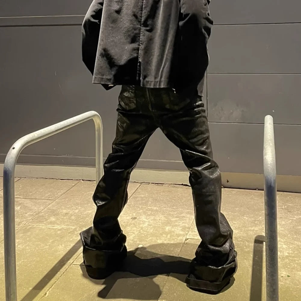 Streetwear Black Wax Leather Strecth Jeans