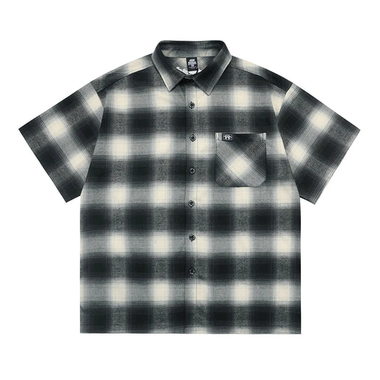 Vintage Letter Embroidery Short Sleeve Plaid Shirts