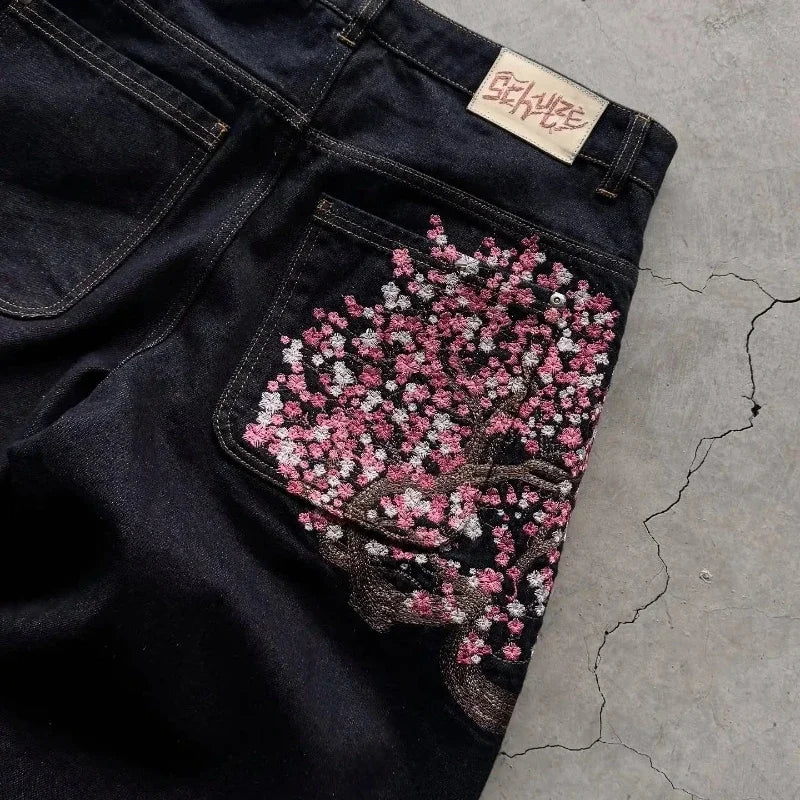 Baggy Jeans Plum Blossom Embroidery Y2K